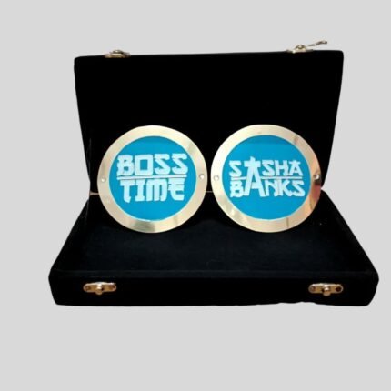 WWE Sasha Banks Side Plates Championship Title Box Set – “Boss Time” Blue Design – Brass Metal